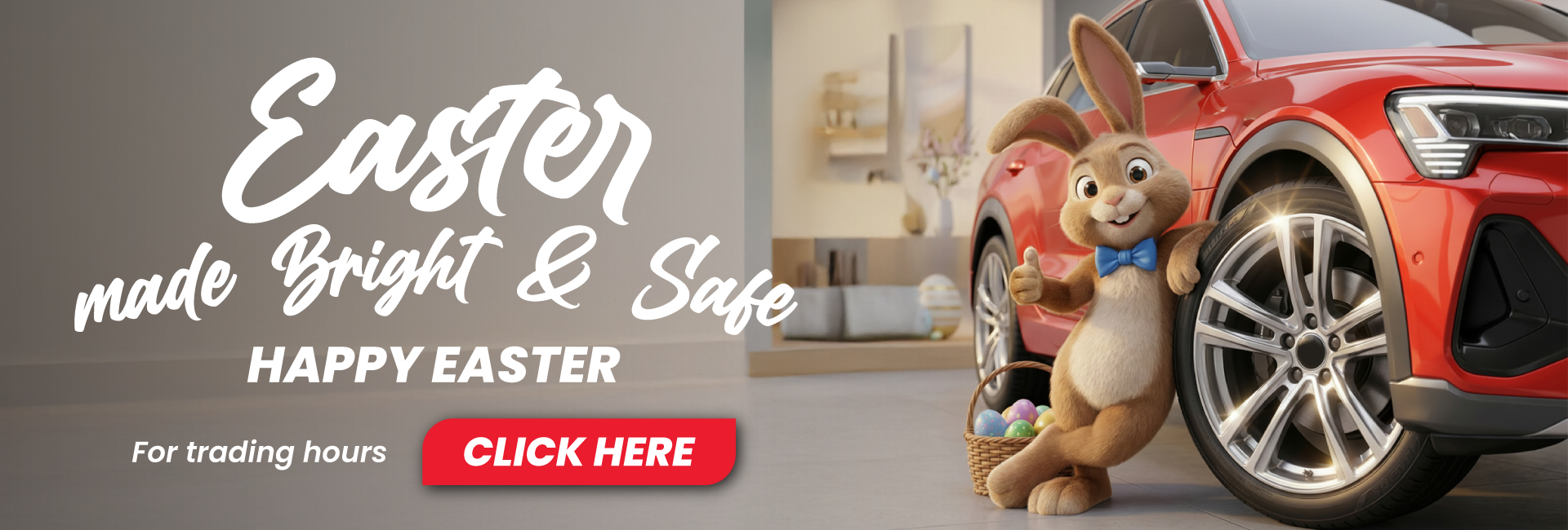 An easter bunny leaning against a vehicle's wheel giving a thumbs up